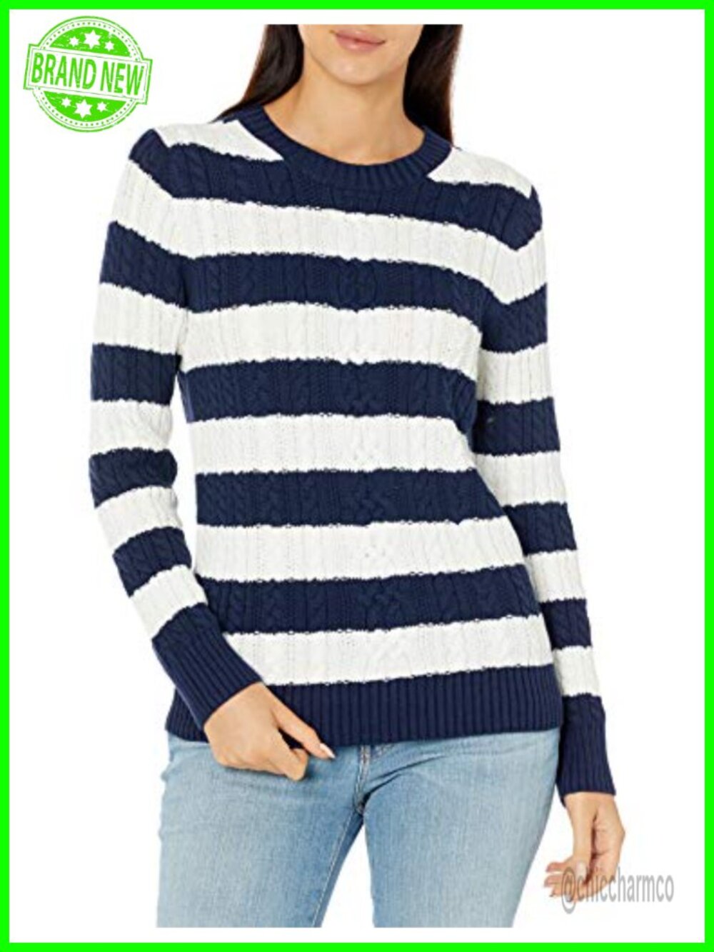 Women's Regular Fit Cotton Knit Cable Crewneck Sweater